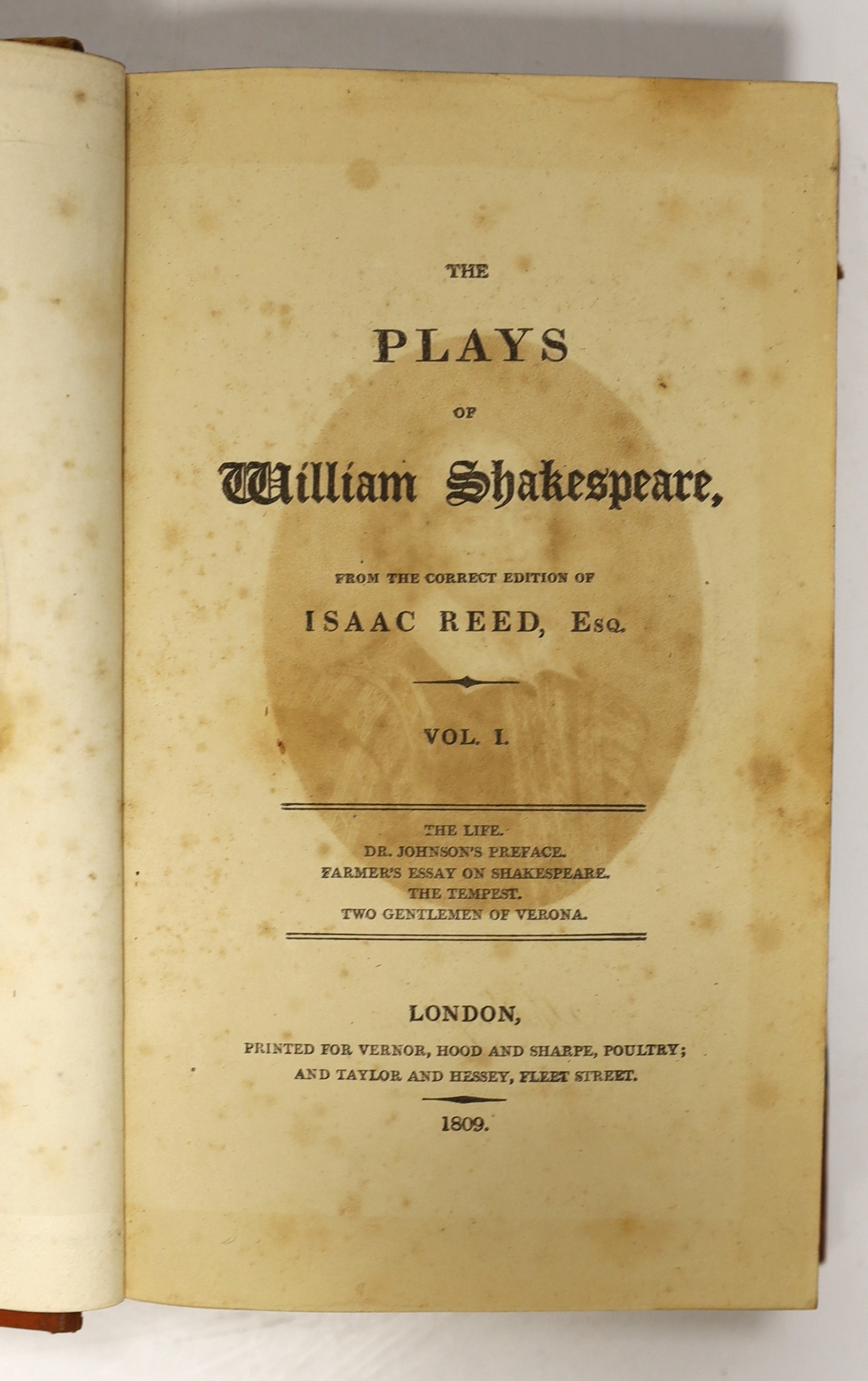 Shakespeare, William - The Plays of William Shakespeare, from the correct edition of Isaac Reed....12 vols. engraved frontispieces (in 9 vols.); old half calf and marbled boards, gilt decorated and panelled spines with r